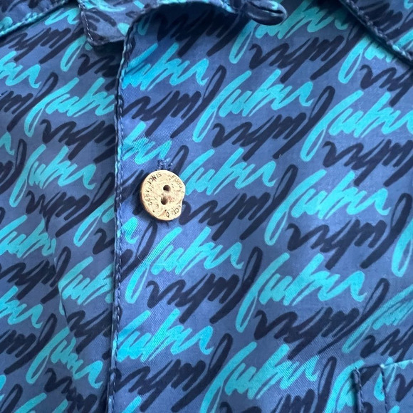 FUBU Men's 2X Vintage Spellout Graphic Print Blue Polyester Camp Shirt - Picture 4 of 5